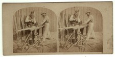1870 stereo photo The carpenter - woodwork - old trades stereoview