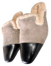 $395 Veronica Beard Cecile Shearling Suede Leather Mules Taupe Black-Sz 7M NEW!