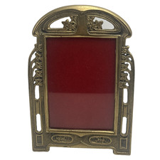 Antique Brass Cast Metal Picture Frame Art Nouveau Floral Motif Easel Patina