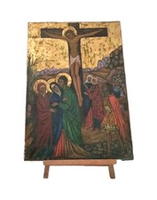 Christ sur la croix , scène religieuse , icône , huile sur toile   monogrammée