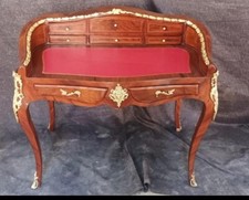 IMPOSANT GRAND BUREAU SECRETAIRE BOIS MASSIF 8 TIROIRS MARQUETERIE BRONZE