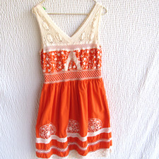 Moulinette Soeurs Dress 12 Crochet Lace Smocked Cram Orange Zip with Pockets