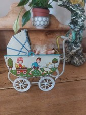 Antique miniature pram sheet metal lithographed Gesch doll old Germany 