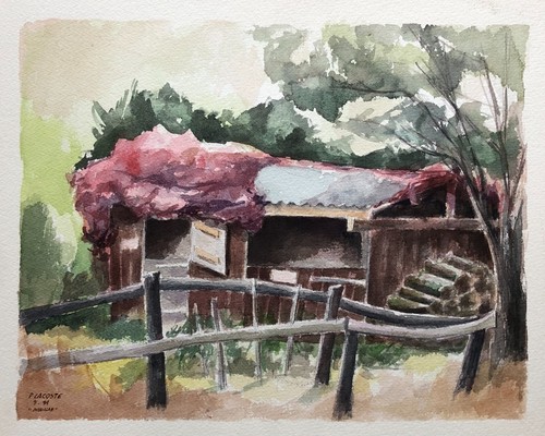 Grange ecurie aquarelle - grange, ou