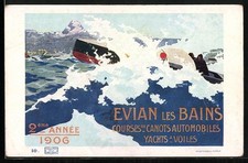Old postcard Evian les Bains, canoe races automobiles sailing yachts, 2nd year  