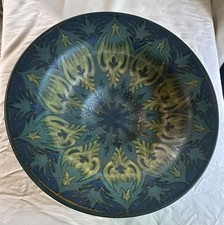 Dutch PZH Gouda Pottery Bowl. Blue Ground Art Nouveau Gold Feather. 14" Diameter