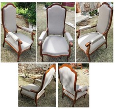 Fauteuil Voltaire, acajou et tissu velours gris anthracite