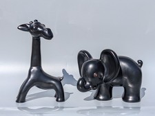 Vintage c1930s/40s Art Deco Black Ceramic Giraffe & Elephant Figures Poss German