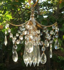 vintage Pineapple palm leaf ceiling lamp Brass Chandelier crystal prism 30" cord