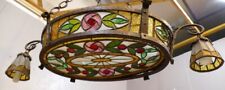 Art Deco stained glass chandelier, stained glass and wrought iron, 1930s era