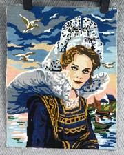 Vintage Tapisserie Femme Bretonne Campagne Française Canevas Laine 46x36 cm