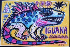 Tableau peinture Iguane Varan Saurien 17x26cm/feuille signé S. Dez