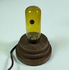 VTG ABCO Flicker Bulb Gas Lamp Amber Glass Tube Wood Base Mid Century Light