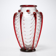 St. Louis France Art Verrier Art Deco Glass Vase Red Clear 5in. Antique **READ**