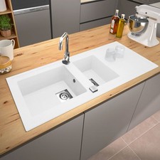 Evier de cuisine à encaster 2 cuves bacs en résine minérale Blanc 117 x 50 cm