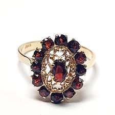 Bague Avec Grenats En Or Massif 18K Marguerite Vintage Années '60 Italie