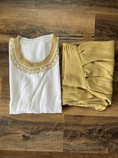 moroccan women jabador 2 piece tunic and pants white gold set size M 