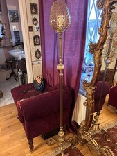 Rare early bronze lamp Edwardian Corinthian column C1910 iridescent glass shade