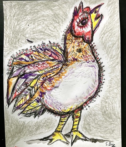 Peinture coq poule - coq,