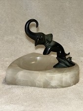 RARE Vintage Art Deco Onyx Ashtray with Skinny Bronze Elephant Statue