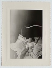 Infant Bed, Light Contrast Sheets, 4 Months - Vintage Photo Snapshot 1955