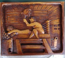 Finnish Sauna Wood Carving – Highly Relief Traditional Sauna Scene, Used