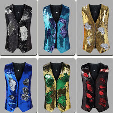 Men Slim Jacket Reversible Two Tone Sequin Gilet Suit Blazer Waistcoat Costume