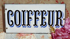 OLD SIGN double sided "HAIRDRESSER" / DOMED PLATES ENAMELLED CANVAS