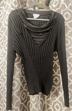 Gardy Women's Black Knit Top w Sheer Beaded Rhinestone V Neck Long Sleeve Size M