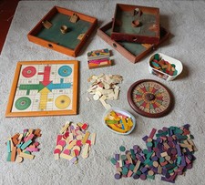 Lot jouet ancien en Bois Jeu Plateau Vintage Jeu Puces Loterie Jetons Bois Os