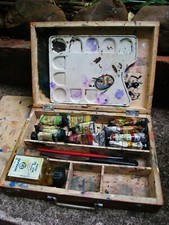 PAINTER BOX anc. WOOD TRIM TUBES OIL PAINT PALLETS & BRUSHES