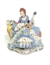 Vtg Dresden Lace Lady Playing Lute Parot Figure Porcelain Germany Pristine 7”x6”