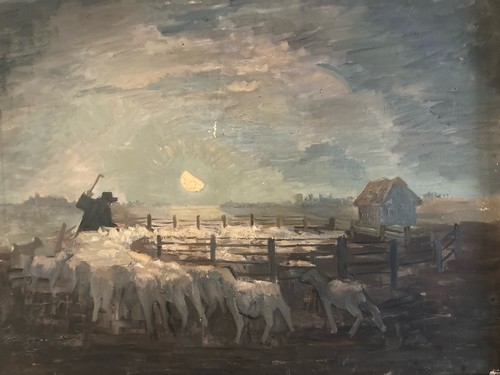 Peinture huile toile troupeau - ,