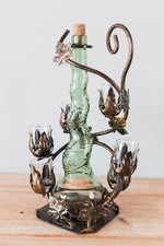 Vintage Wrought Iron Green Chianti Carafe with 6 Glasses & Vine Holder