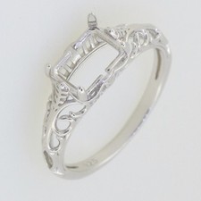 Art Deco Filigree Sterling Silver Semi Mount Ring Setting Emerald Cut 8x6mm