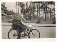 OLD PHOTOGRAPH ~1950 GUIANA CAYENNE YOUNG WOMAN AND HER CHILD CYCLING