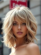 100% Human Hair Golden Blonde Layered Cut Wavy Wigs with Bangs None Lace Wigs