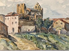 Belle Peinture Papier Gouache Aquarelle Village 1942 Maison À Identifier Ancien