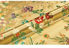 Japanese Floral Pattern Brocade Fabrics, Silk Satin, KIMONO, YELLOW, 100x75