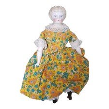 Antique Low Brow Porcelain Doll 11” Clothed Victorian Dress Blue Eyes