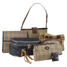 Burberrys Nova Check Bag Leather Canvas 7Set Beige Black Navy Auth bs29553