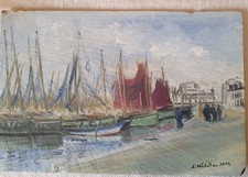 Petit Tableau Huile Sur Ardoise  Port De Peche Bretagne