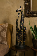 Statue En Bois Girafe Maman Et Petit 100 CM – Artisanat Éthique Indonésien