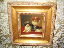 CAVALIER KING CHARLES DOGS ON TABLE 4  X 4 gold WOOD frame Victorian style print