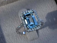 Bague de fiançailles diamant aigue-marine taille émeraude 3,85 ct or blanc ma...