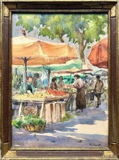 MANDONNET stone watercolor market scene Provence painting painting old 1930