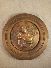 Ancienne assiette en bois et cuivre du XXe siècle, assiette vintage décorative