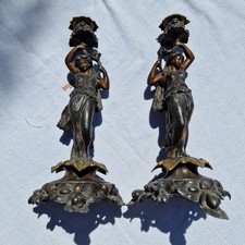 Paire De Bougeoirs Anciens 19ème Art Nouveau, Chandelier Femme En Régule/Bronze