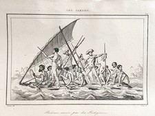 ENGRAVING POLYNESIA ISLANDS GAMBIER "RAFT MOUNTED BY INDIGENOUS PEOPLE"