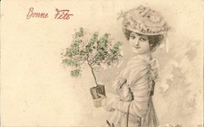 FANCY POSTCARD HAPPY PARTY WOMAN HOLDING A SMALL SHRUB